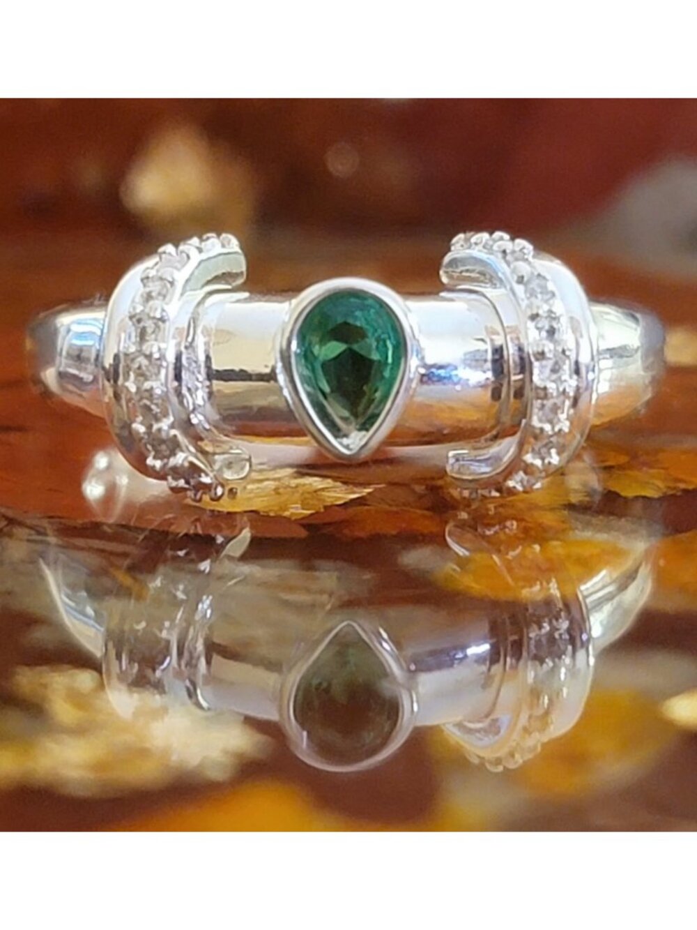 S925 Sterling Silver Adjustable Open Ring Pear Emerald Green CZ NWT